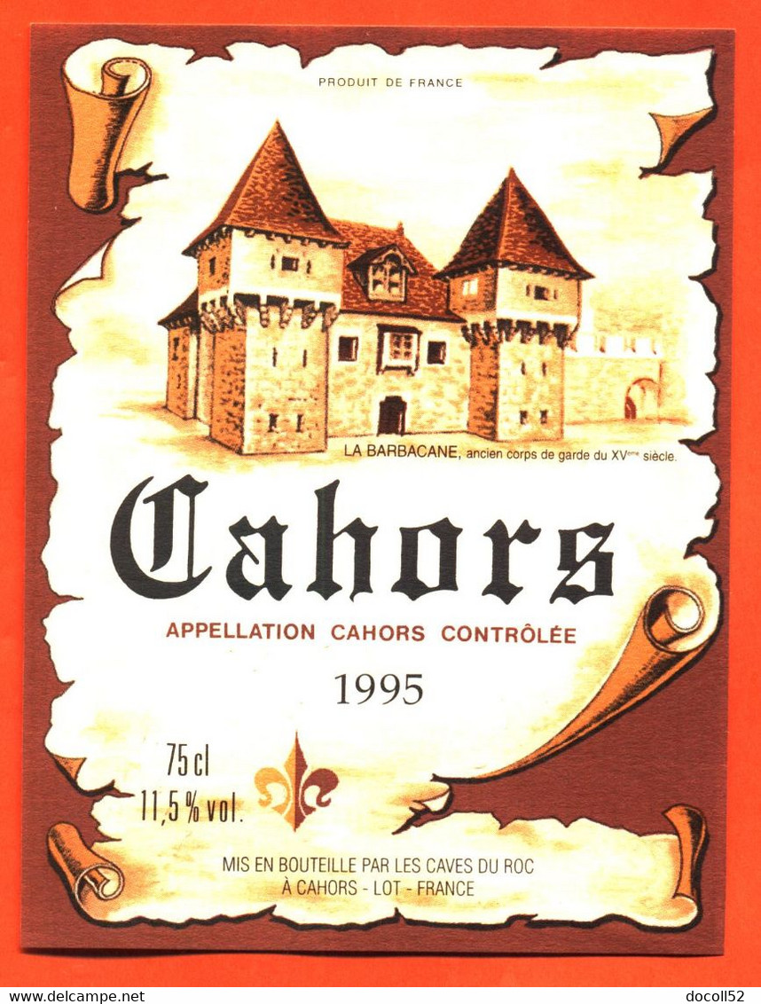 étiquette De Vin De Cahors C1995 Caves Du Roc à Cahors - 75 Cl - Cahors