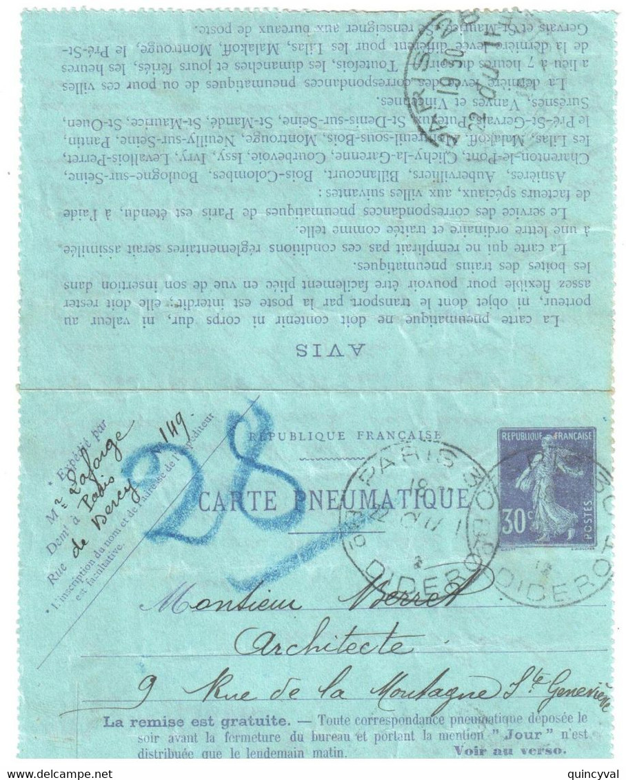 PARIS 30 R Diderot Carte Lettre Pneumatique 30c Semeuse Yv CLPP4 Storch K3 - Rohrpost