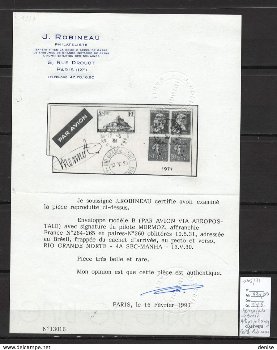 France - Lettre AEROPOSTALE - Pour Le Brésil - AUTOGRAPHE MERMOZ - Certificat Robineau - 1931 - 1927-1959 Storia Postale