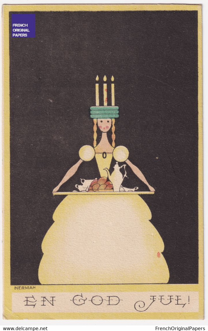 Einar Nerman God Jul 1920 Jolie CPA Suède Noël Art Deco Sweden Christmas Femme Robe Lucia Woman Dress Fashion Eve A61-30 - Autres & Non Classés