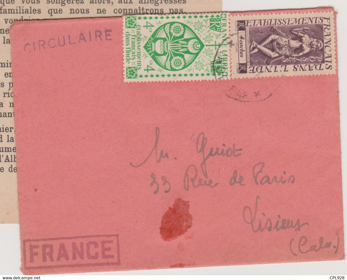 Inde, Imprimé Séminaire De Pondichéry Pour Lisieux 1950  YT 219 Et 238 - Storia Postale