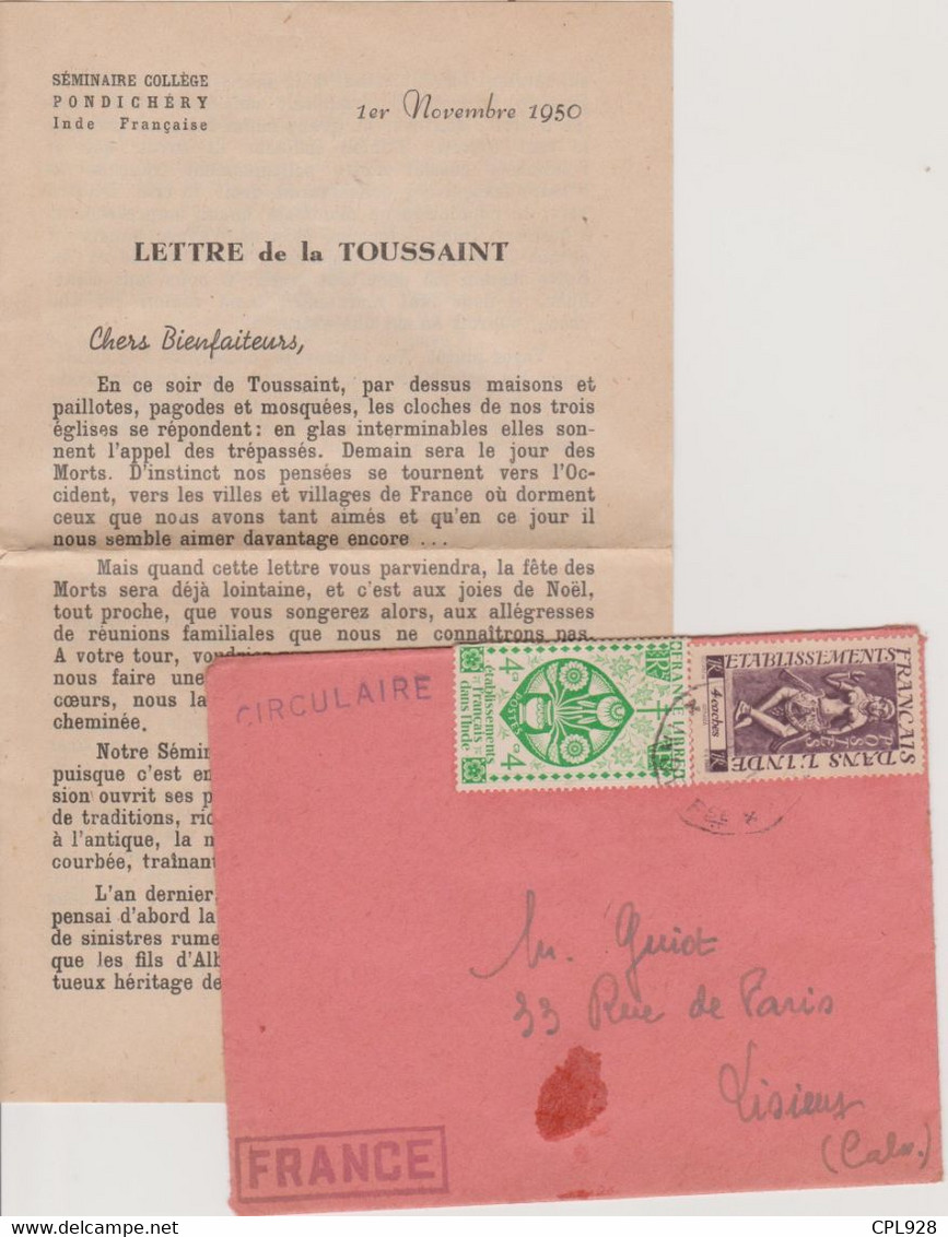 Inde, Imprimé Séminaire De Pondichéry Pour Lisieux 1950  YT 219 Et 238 - Covers & Documents