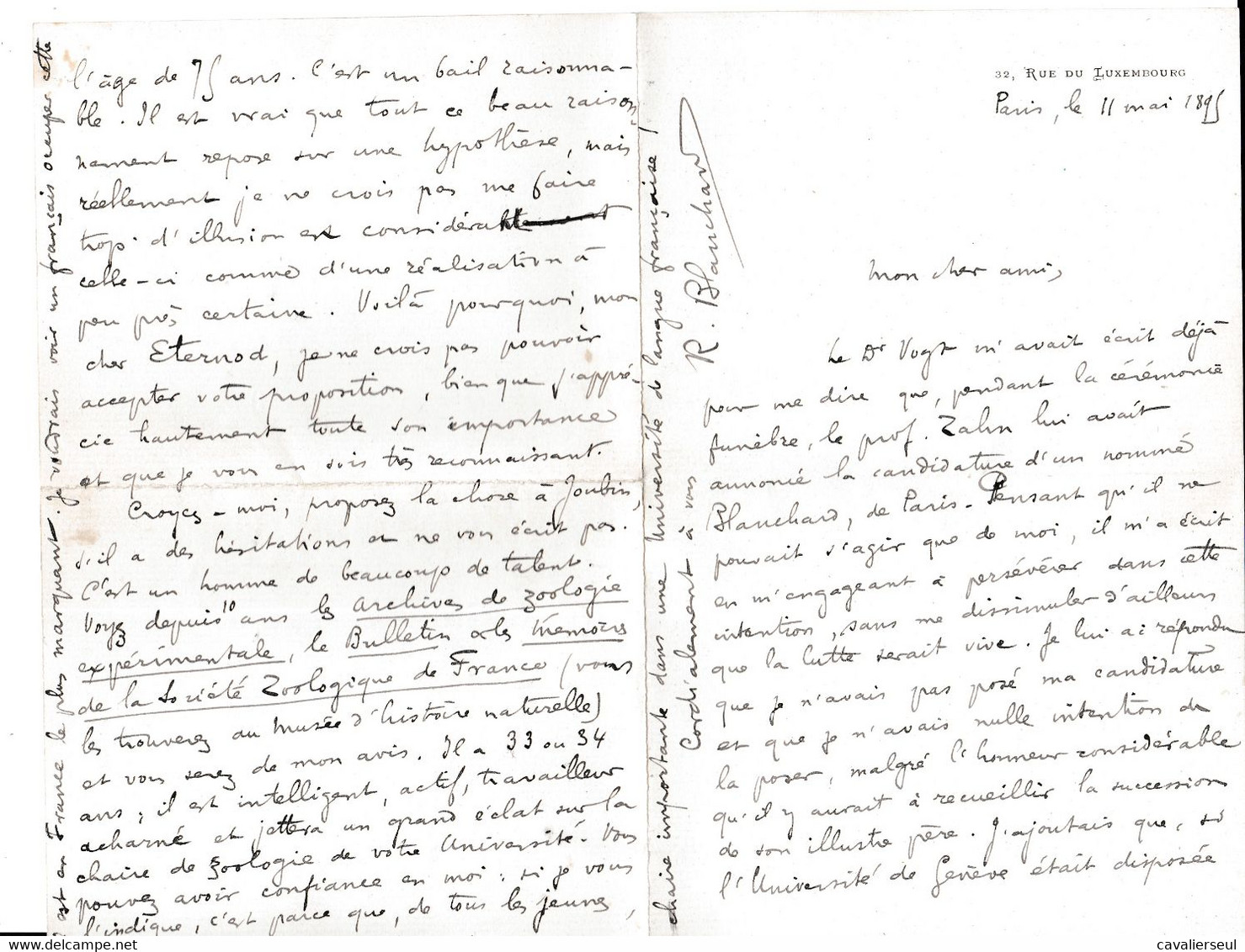 Lettre De Raphaël Blanchard De La Société Zoologique De France Au ¨Professeur Eternot à Genève,  11 MAI 1895 - Documenti Storici