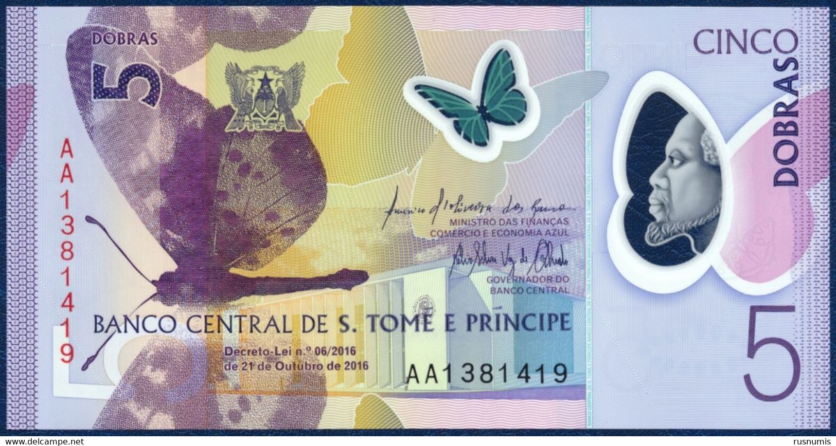 SAN TOME - SAO TOME AND PRINCIPE - ST. THOMAS 5 DOBRAS PICK 70 POLYMER BUTTERFLY SHREW 2016 UNC - Sao Tomé Et Principe