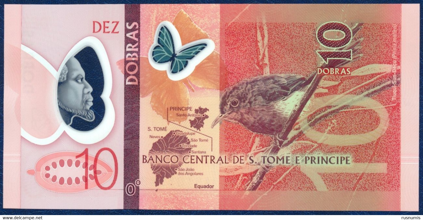 SAN TOME - SAO TOME AND PRINCIPE - ST. THOMAS 10 DOBRAS PICK 71 POLYMER BUTTERFLY BIRD Prinia Molleri 2016 UNC - Sao Tome En Principe