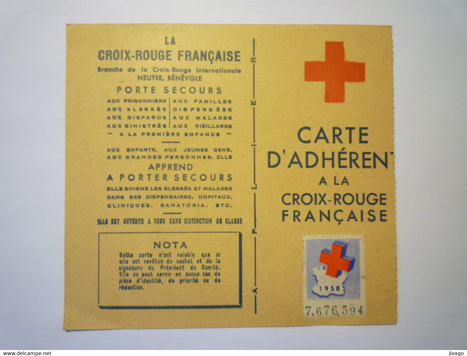 2021 - 3844  CROIX-ROUGE FRANCAISE  :  CARTE D'ADHERENT  1958  Avec Timbres   XXX - Non Classés