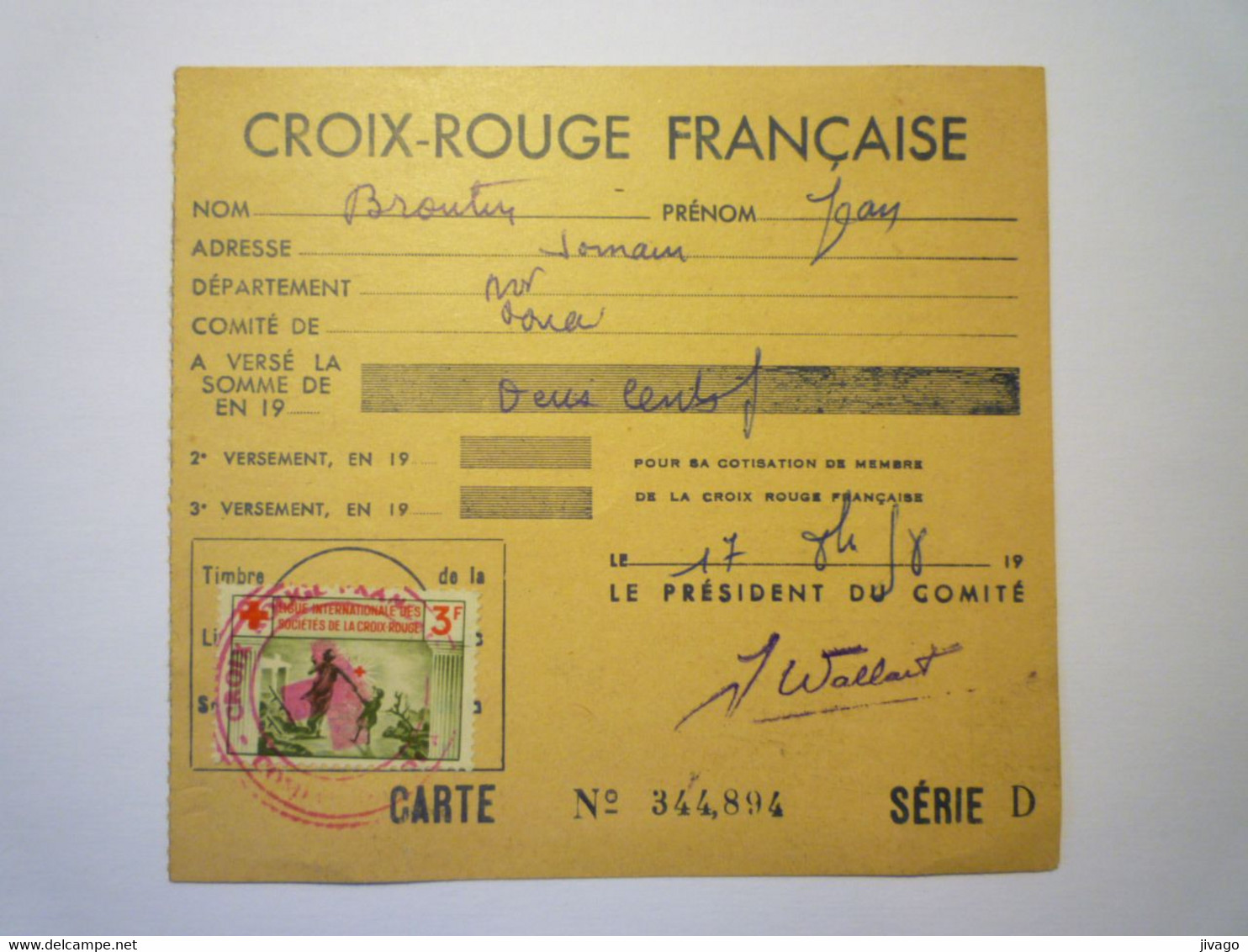 2021 - 3844  CROIX-ROUGE FRANCAISE  :  CARTE D'ADHERENT  1958  Avec Timbres   XXX - Non Classés