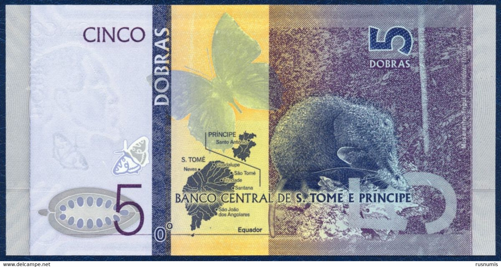 SAN TOME - SAO TOME AND PRINCIPE - ST. THOMAS 5 DOBRAS PICK NEW BUTTERFLY SHREW 2020 UNC - Sao Tome En Principe