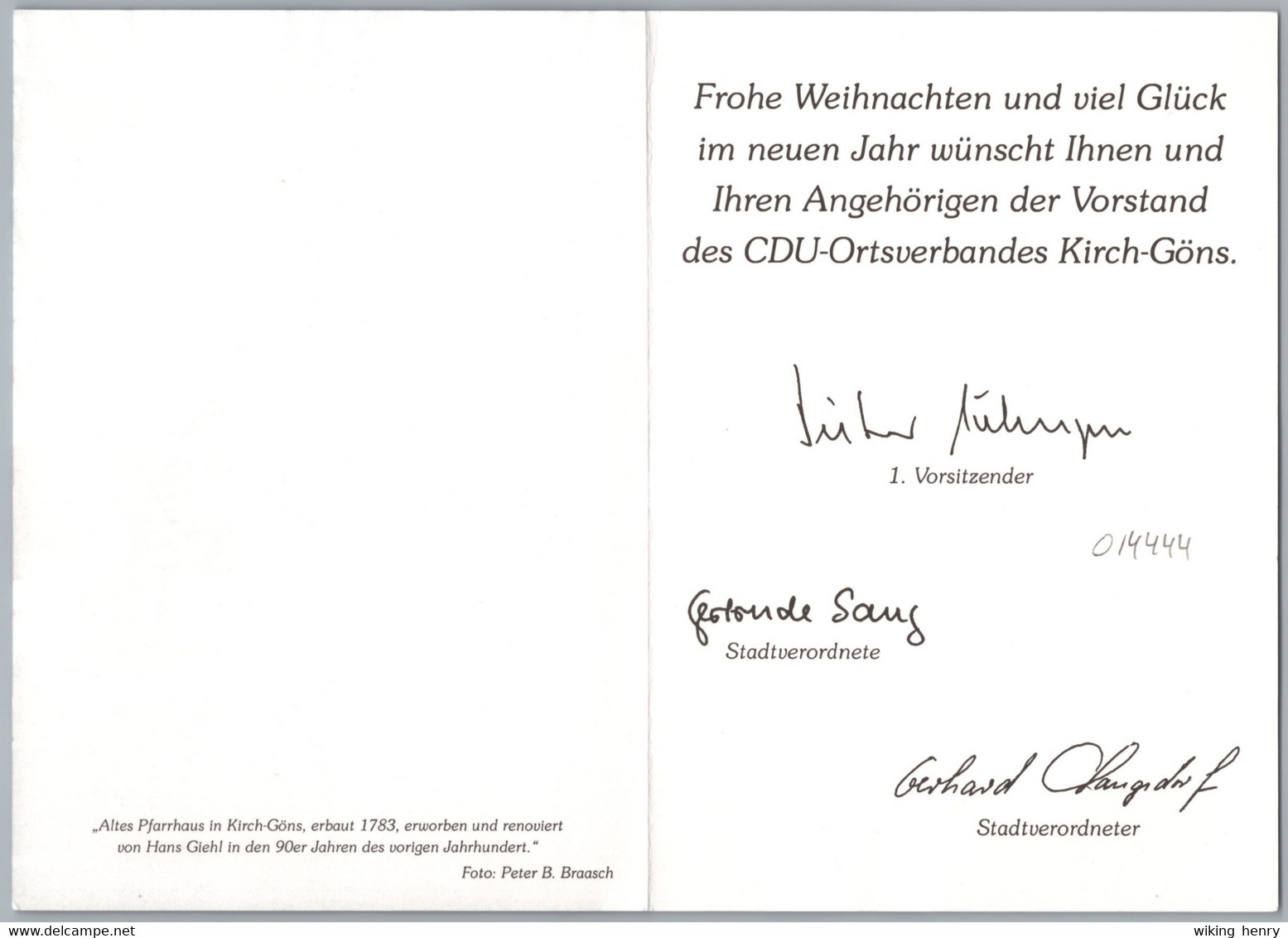 Butzbach Kirch Göns - Weihnachtskarte Vom CDU Ortsverband 13 - Altes Pfarrhaus - Mit Unterschriften - Sonstige & Ohne Zuordnung