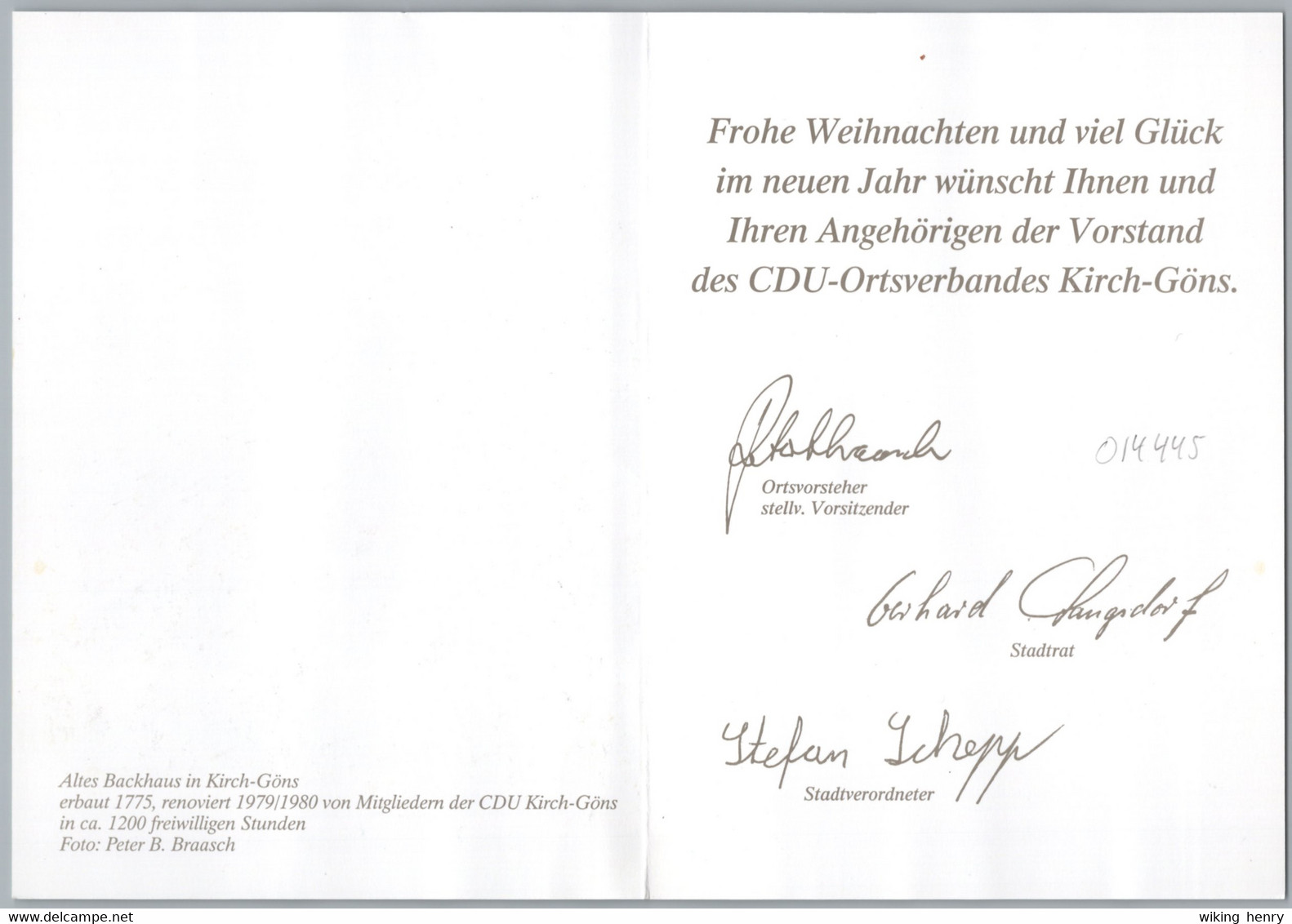 Butzbach Kirch Göns - Weihnachtskarte Vom CDU Ortsverband 14 - Altes Backhaus - Mit Unterschriften - Altri & Non Classificati