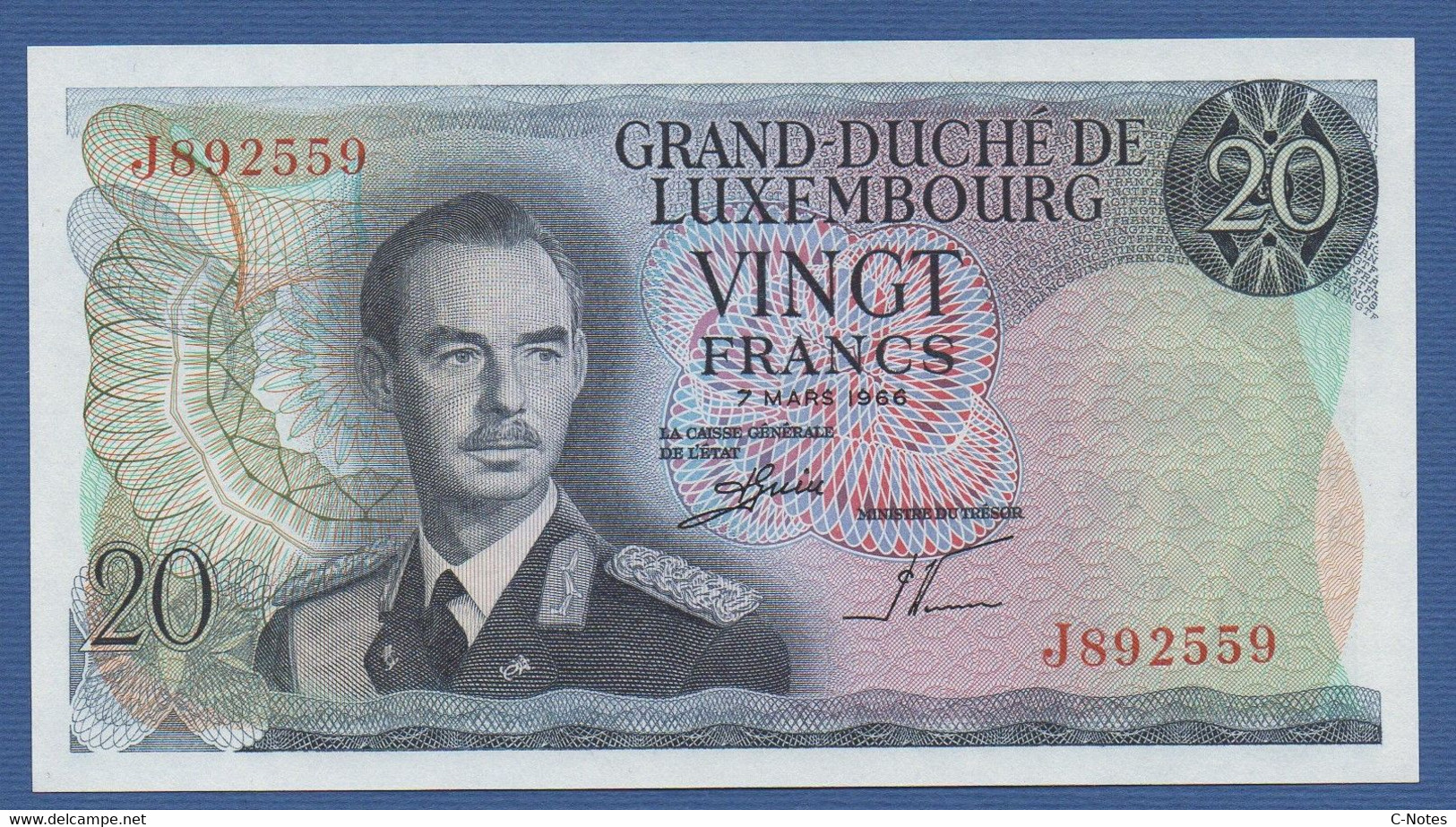 LUXEMBOURG - P.54a(2) – 20 Francs 07.03.1966 UNC / Serie J892559 - Luxemburg