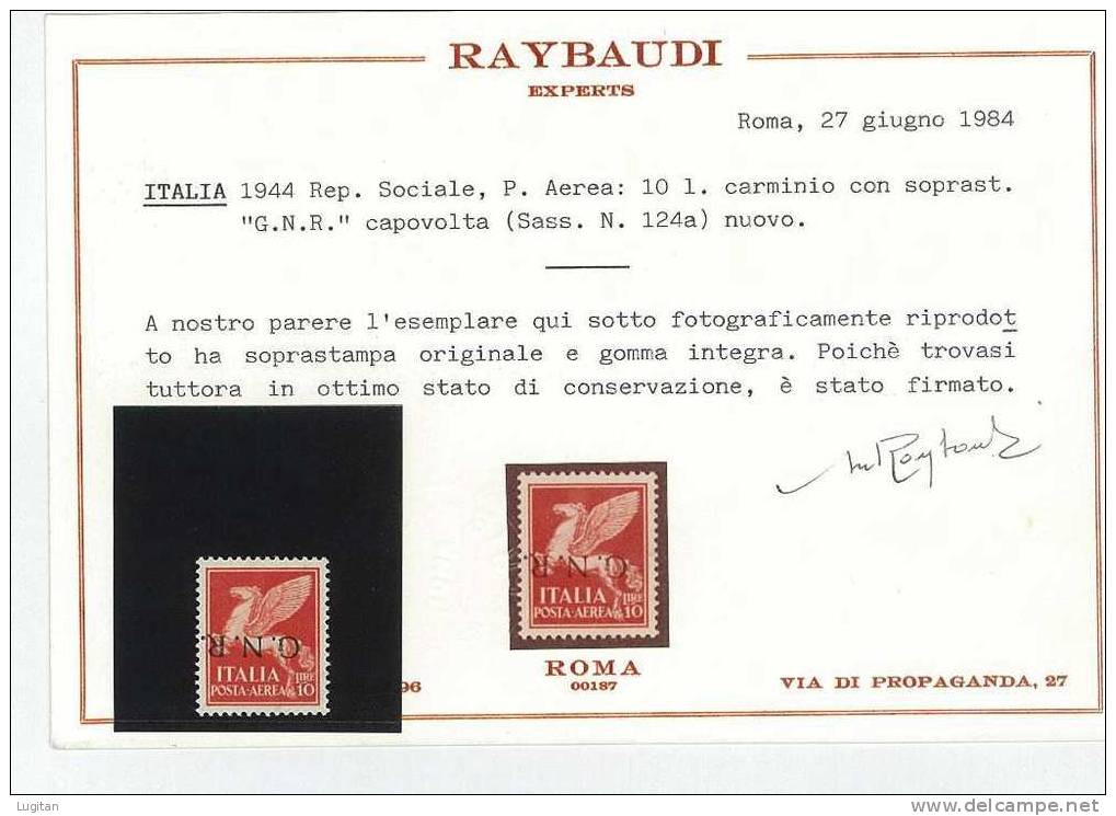 REPUBBLICA SOCIALE ITALIANA  VARIETA' POSTA AEREA SOPRASTAMPA CAPOVOLTA DEL 10 LIRE N° 124a - Airmail