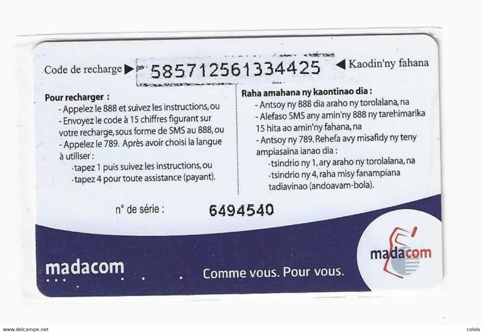 MADAGASCAR RECHARGE MADACOM SOA 50 000 FMG - Madagascar