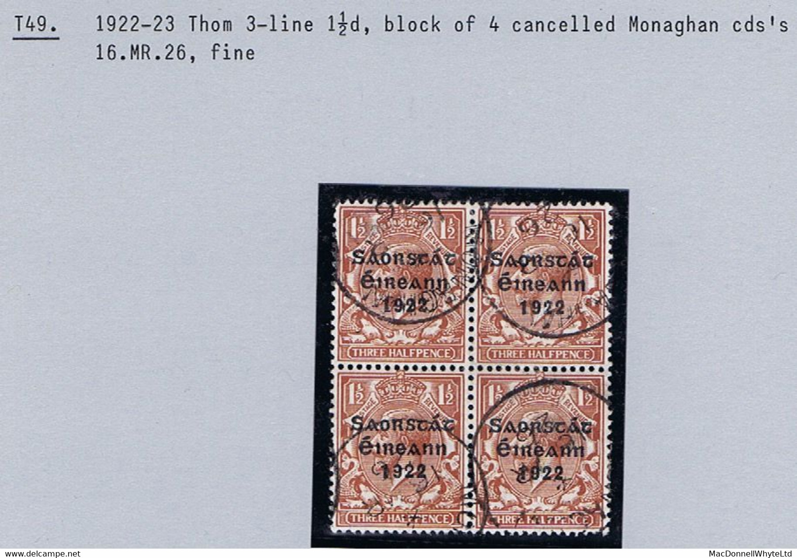 Ireland 1922-23 Thom Saorstat 3-line Ovpt On 1½d Brown Used Block Of 4, MONAGHAN 16 MR 26 Small Steel Cds - Usati
