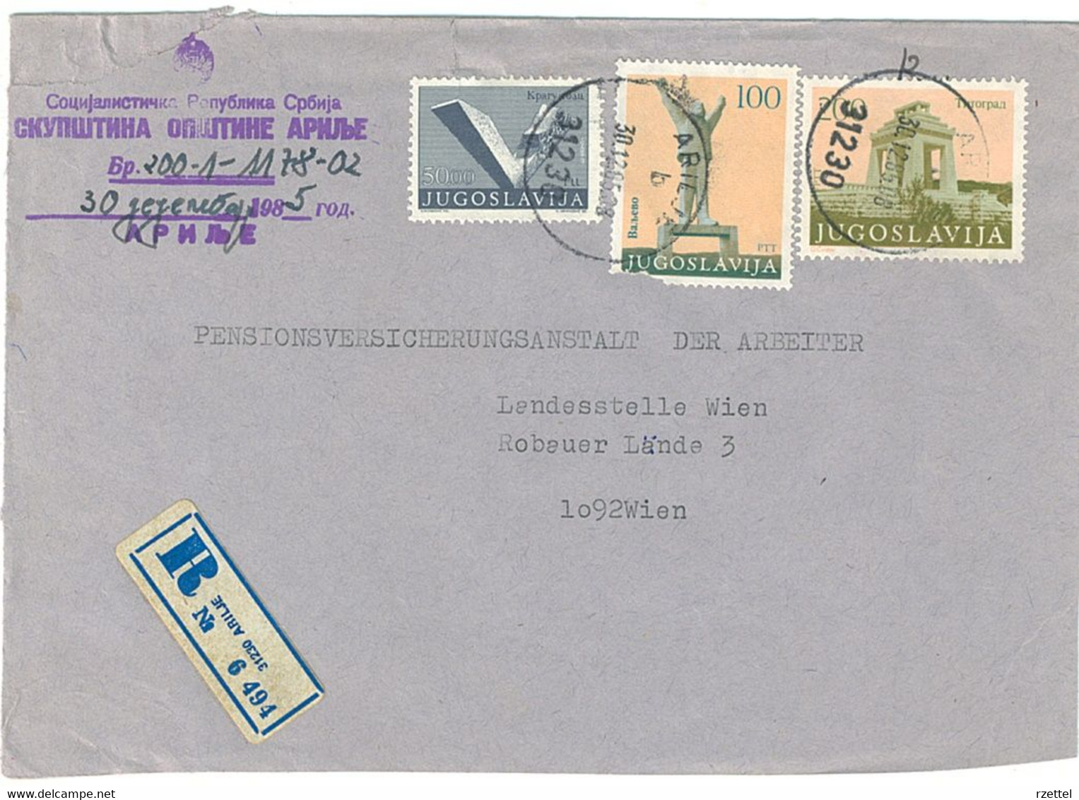 31230 Arilje, Registered Cover To Vienna 1985, Error: Postalcode On R-label Upside Down - Covers & Documents