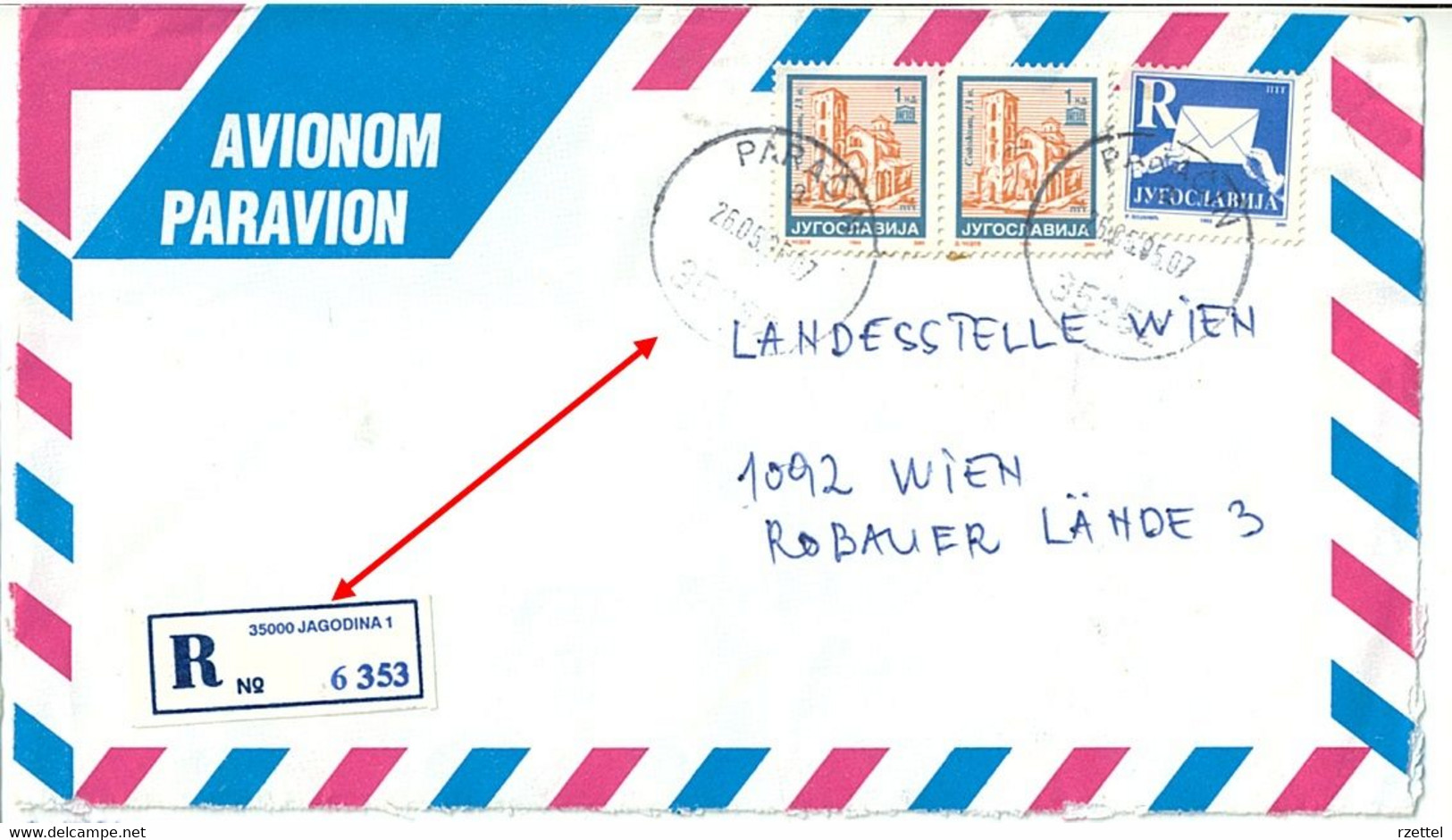 35252 Paracin, Registered Cover To Vienna 1995, Provisional Use Of An R-label From Jagodina - Covers & Documents