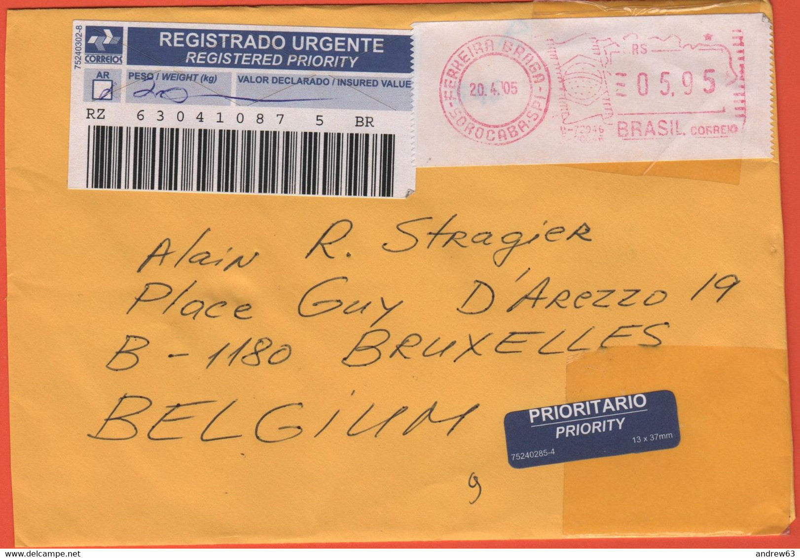 BRASILE - BRASIL - 2005 - 05,95 EMA,Red Cancel - Registered - Viaggiata Da Sorocaba Per Brussels, Belgium - Frankeervignetten (Frama)