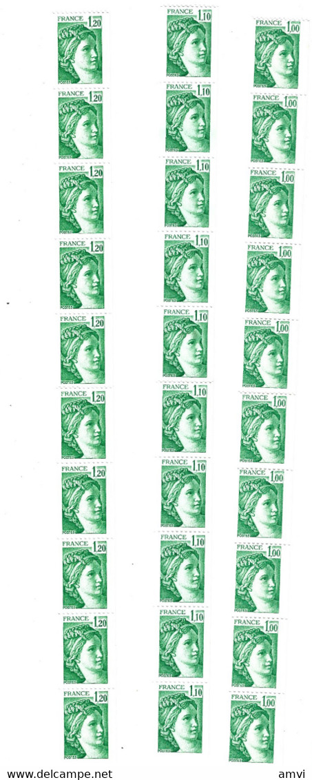 (cla04) Neufs 6 Bandes 10 Timbres Roulette Sabine Verte 1fr Et 1fr10  (bde Phospho à Droite)+ 1fr20 - Coil Stamps