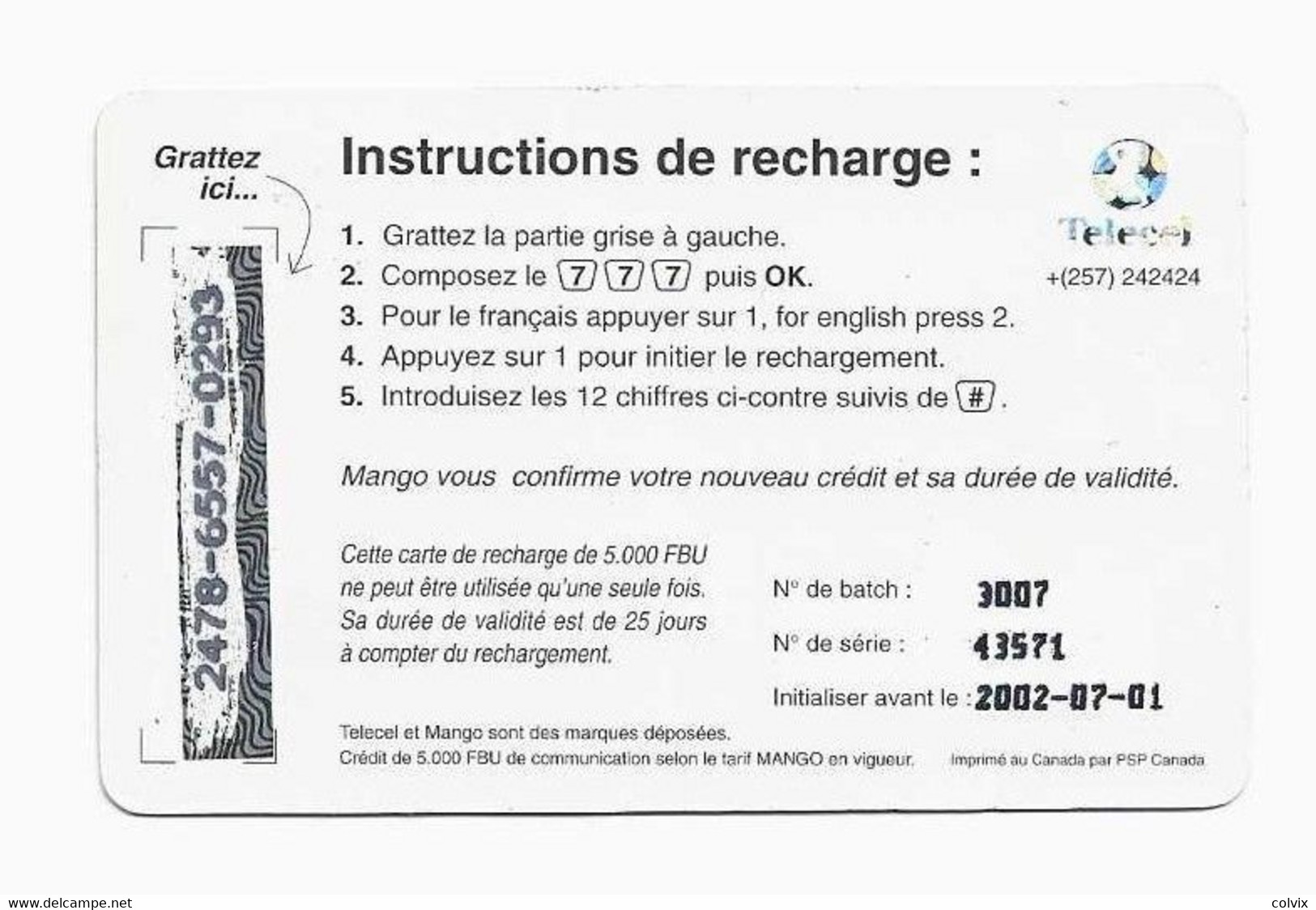 BURUNDI RECHARGE MANGO TELECEL 5 000 FBU Date 2002-07-01 - Burundi