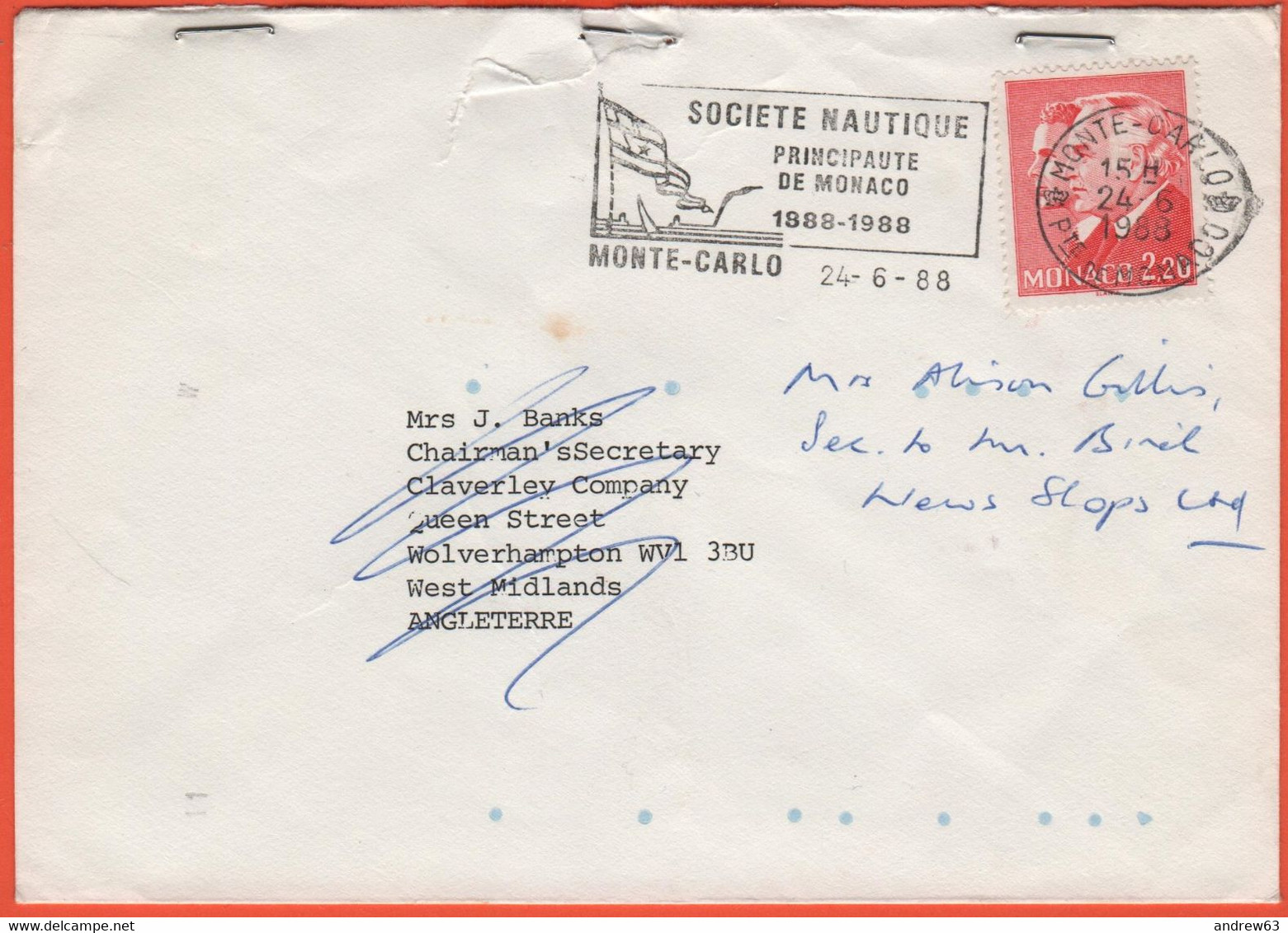 MONACO - 1988 + Flamme Société Nautique - 2,20 - Viaggiata Da Monte Carlo Per Wolverhampton, England - Lettres & Documents