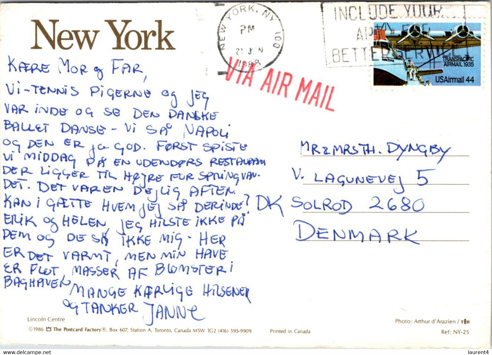 (2 B 7) USA  - Posted To Denmark 1988 - New York Lincoln Center - Places