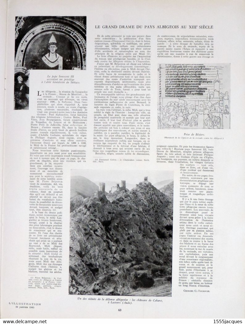 L'ILLUSTRATION N° 5212 DU 30-01-1943 D.C.A. FÜHRER CATHARES CATHÉDRALE RODEZ MITRAILLEURS TABAC LASTOURS GHEUSI TUNISIE
