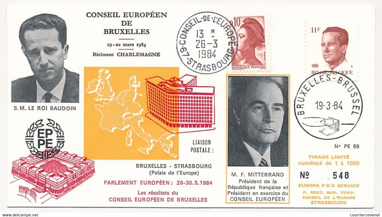 BELGIQUE - Env. Affr 11F Obl Bruxelles 1984 + Conseil De L'Europe - Illust. SM Le Roi Beaudoin + François Mitterrand - Briefe U. Dokumente