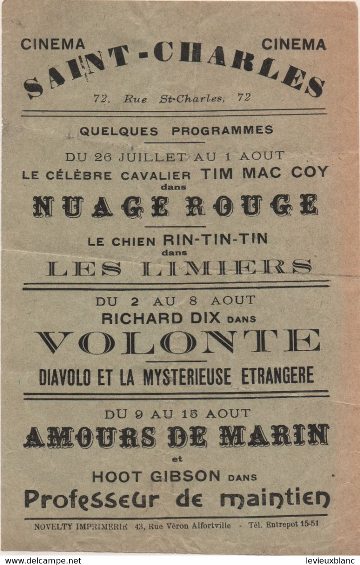 Papillon Publicitaire/Cinéma/Saint-Charles/72 Rue./Richard DIX/Hoot GIBSON/RIN-TIN-TIN/Alfortville/Vers 1915-25   CIN118 - Affiches