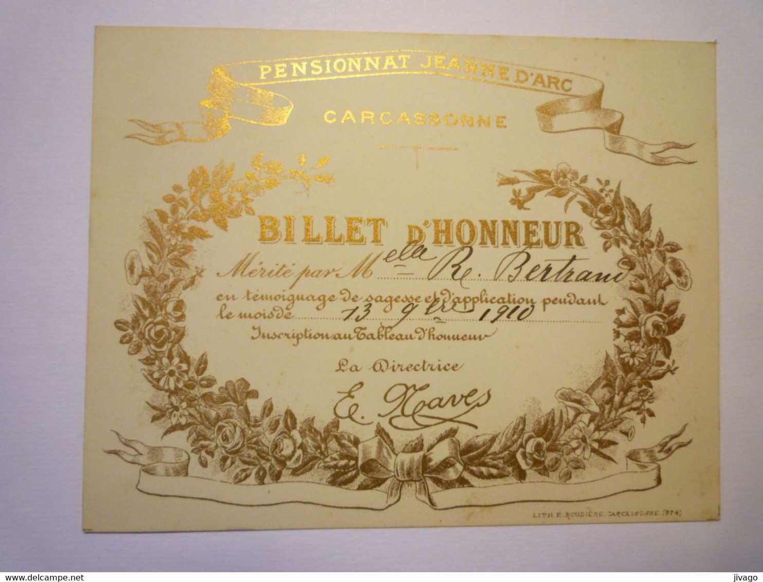 2021 - 3855  CARCASSONNE  -  PENSIONNAT Jeanne D'ARC  :  Joli " BILLET D'HONNEUR "  1910   XXX - Non Classés