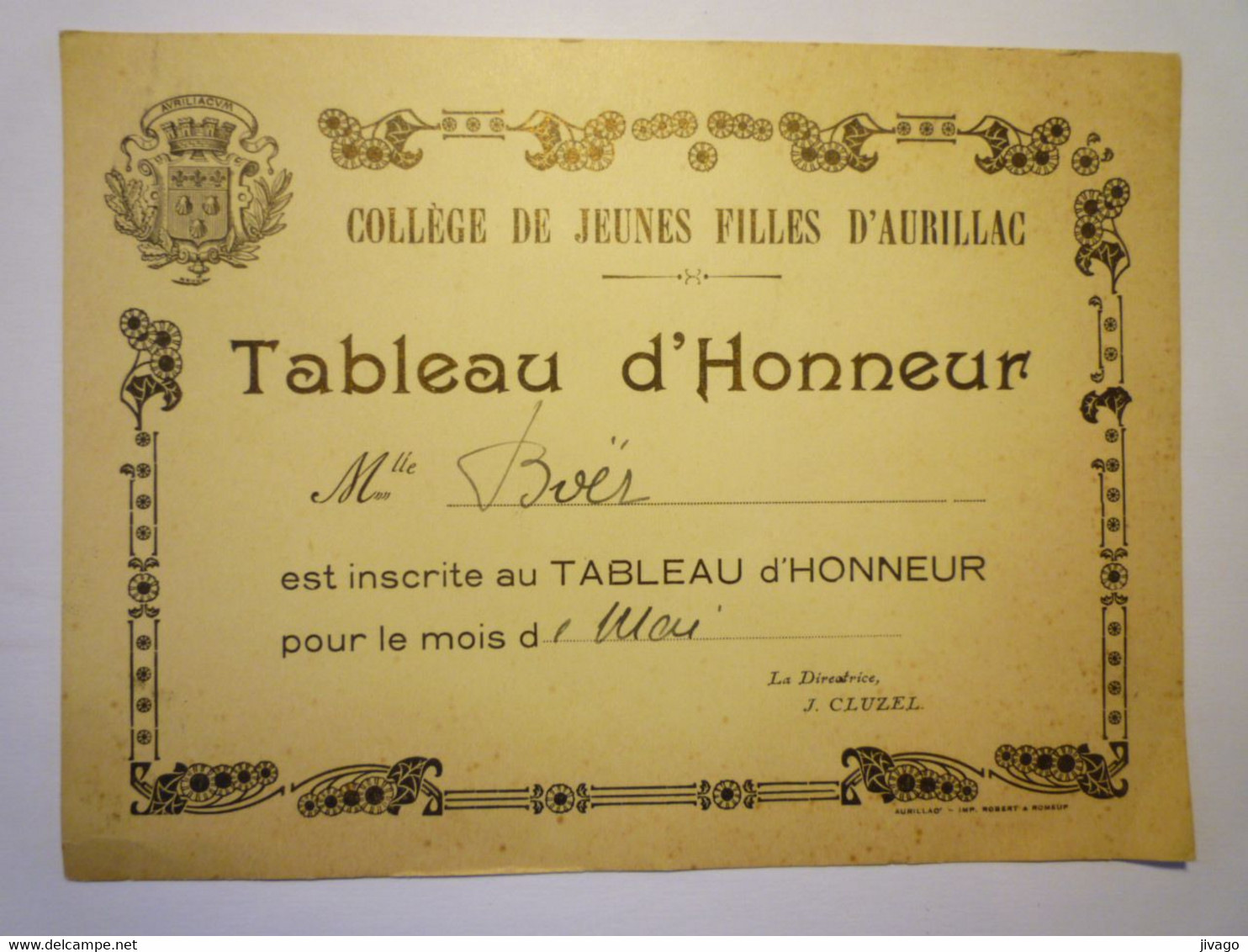 2021 - 3857  Collège De Jeunes Filles D'AURILLAC  " TABLEAU D'HONNEUR "   XXX - Non Classés