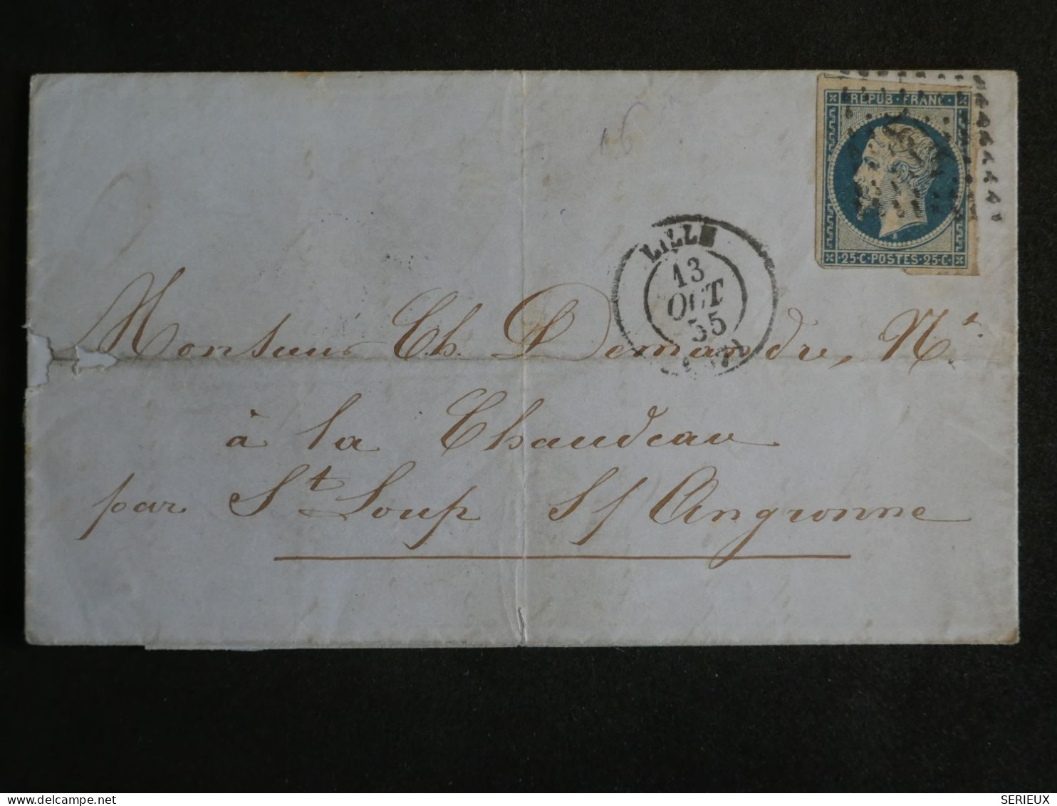 B45 FRANCE LETTRE 1855 RARE LILLE N° 10 POUR CHAUDEAU PAR PARIS + AFFRANCHISSEMENT INTERESSANT - 1852 Louis-Napoleon