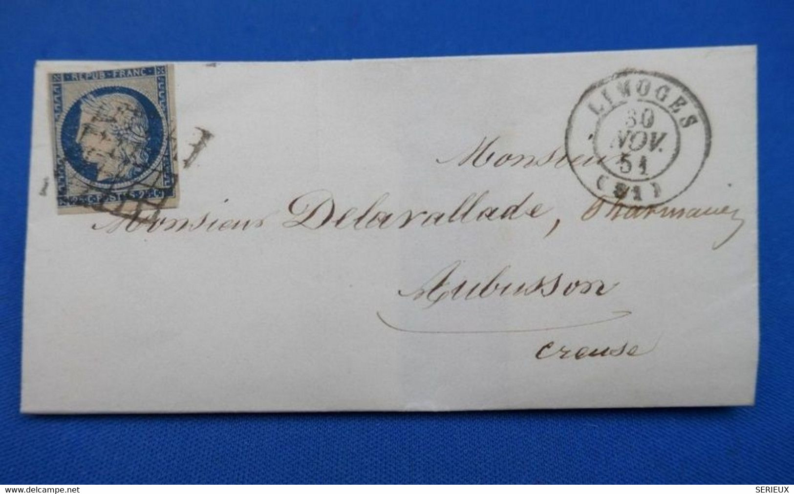 54 FRANCE 30 NOV 1851 BELLE LETTRE TIMBRE N 4 .DE LIMOGES A AUBUSSON CREUSE AFFRANCHISSEMENTS PLAISANTS - 1849-1850 Cérès