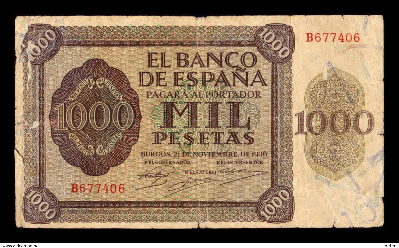 España 1000 Pesetas Burgos 1936 Pick 103 Serie B BC F - 1000 Pesetas