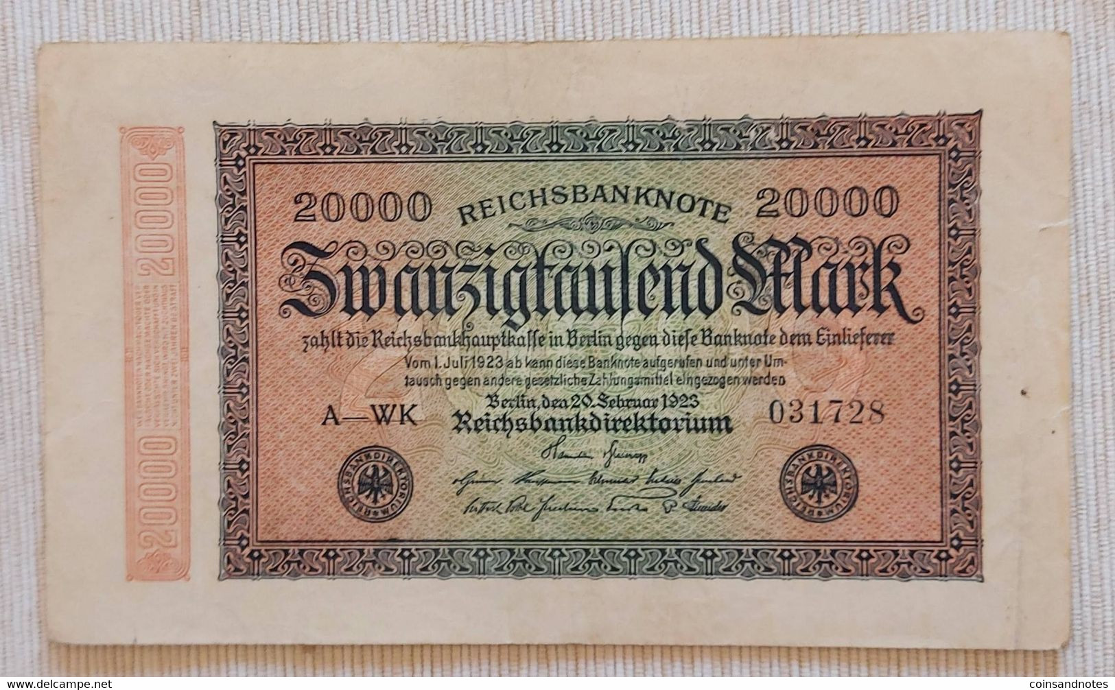 Germany 1923 - 20 000 Mark Reichsbanknote - No A-WK 031728 - P# 85b - VVF - 20000 Mark