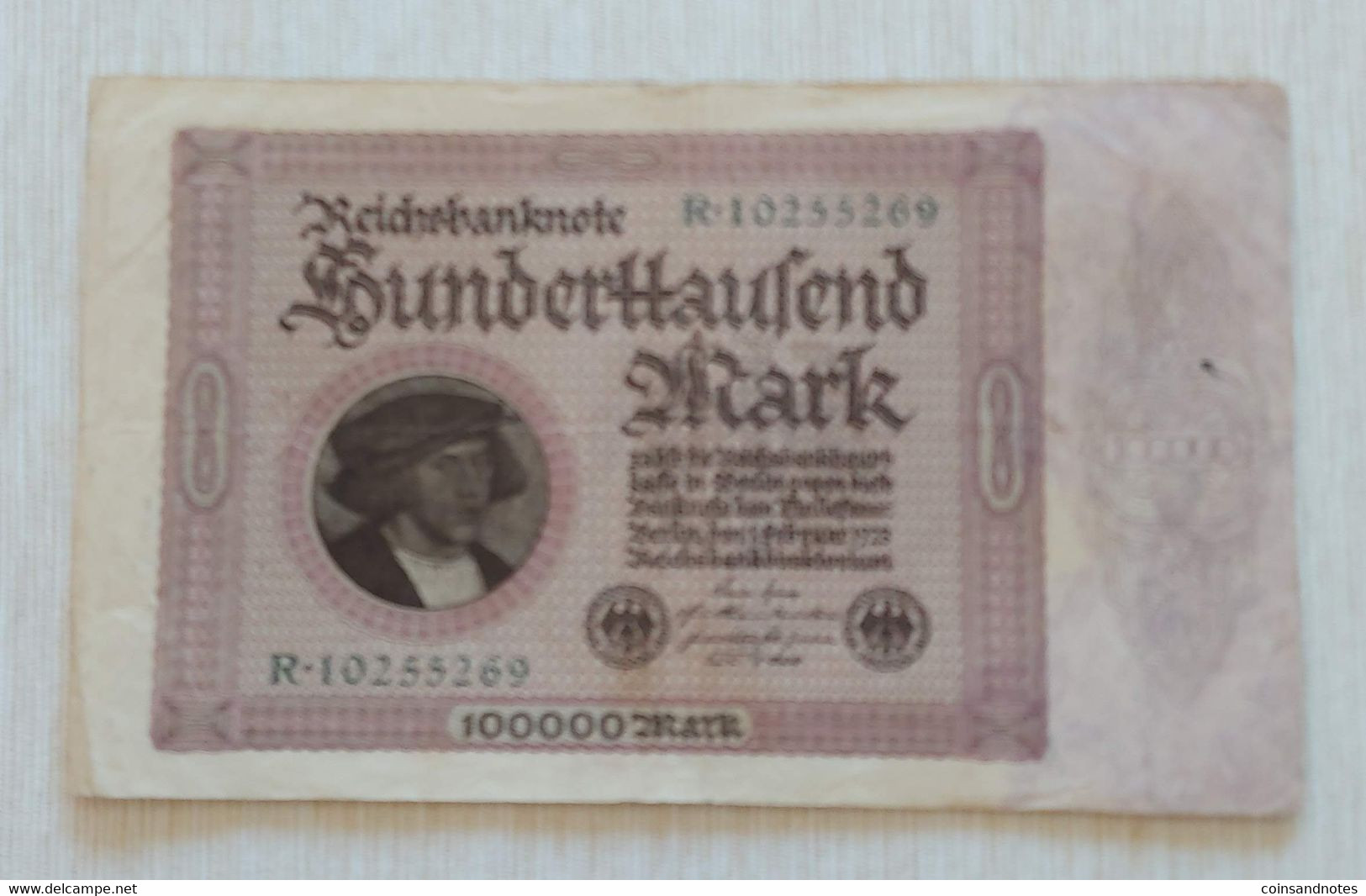 Germany 1923 - 100 000 Mark Reichsbanknote - No R.10255269 - P# 83a - VVF - 100000 Mark