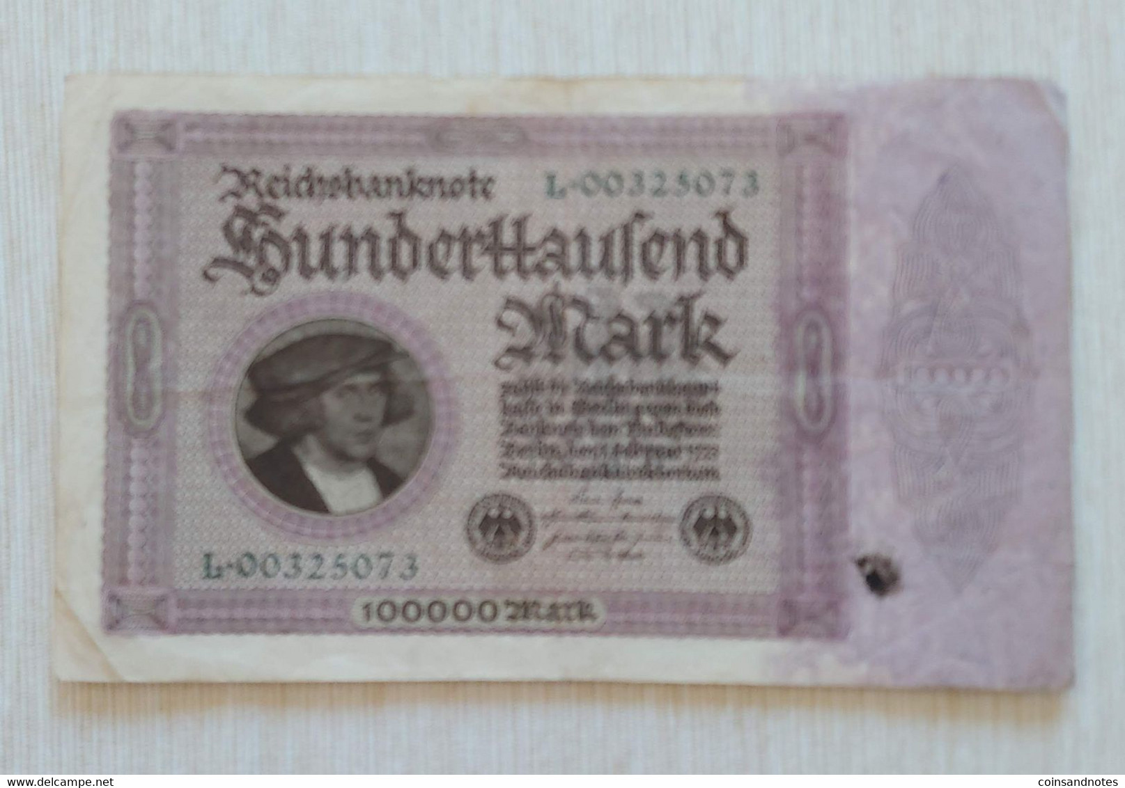 Germany 1923 - 100 000 Mark Reichsbanknote - No L.00325073 - P# 83a - VF - 100.000 Mark