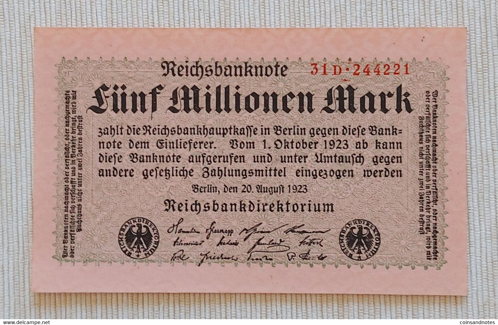 Germany 1923 - 5 Millionen Mark Reichsbanknote - No 31 D.244221 - P# 105 - UNC - 5 Miljoen Mark