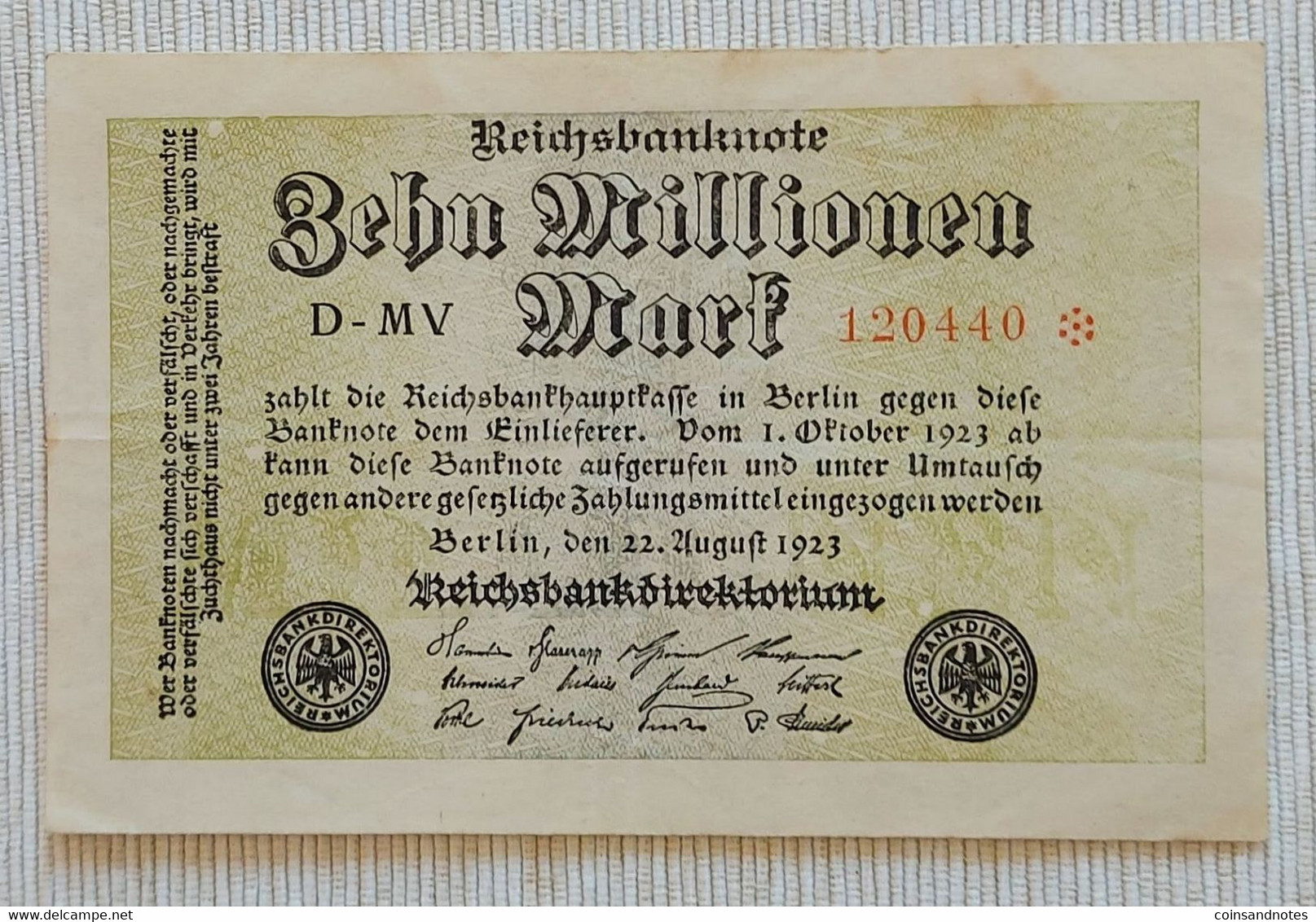 Germany 1923 - 10 Millionen Mark - No 120440 - P# 106a - VVF - 10 Millionen Mark