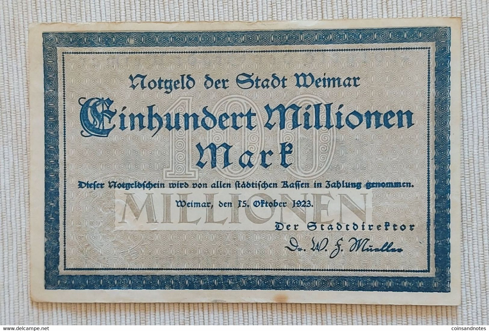 Germany 1923 - 100 Millionen Mark - Stadt Weimar - Near UNC - Non Classificati