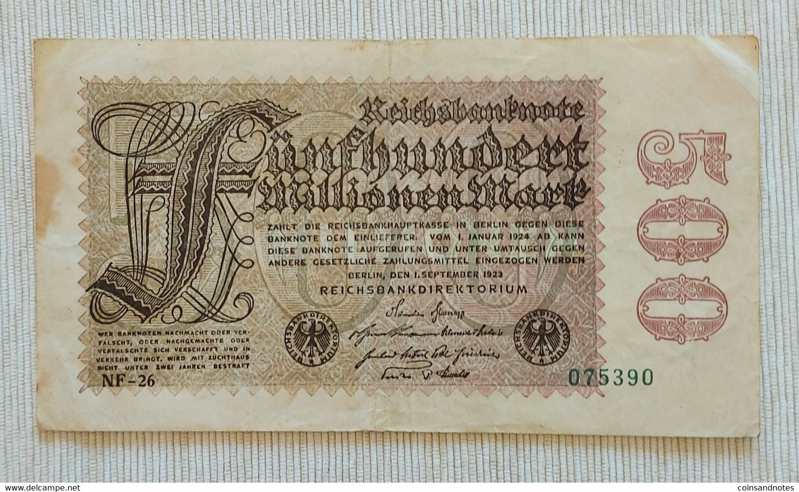 Germany 1923 - 500 Millionen Mark ‘Reichsbanknote’ - No 075390 - P# 110d - VVF - 500 Mio. Mark