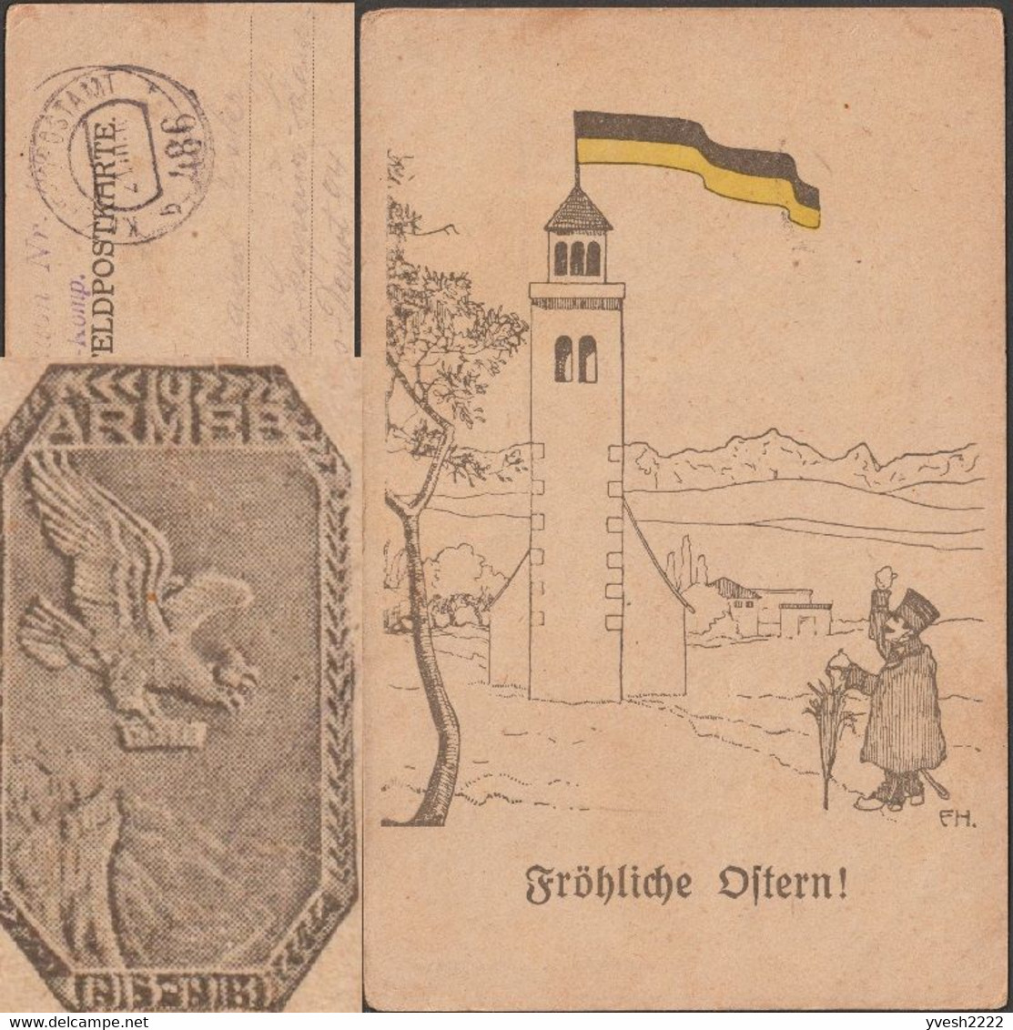 Autriche 1916. Carte Postale De Franchise Militaire. Soldat Italien, église, Drapeau Autrichien, Alpes / Apennins, Aigle - Berge