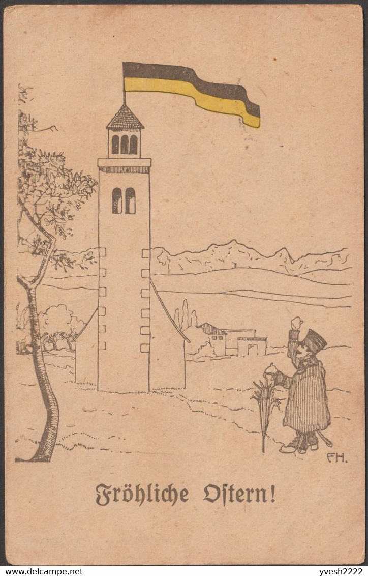 Autriche 1916. Carte Postale De Franchise Militaire. Soldat Italien, église, Drapeau Autrichien, Alpes / Apennins, Aigle - Bergen