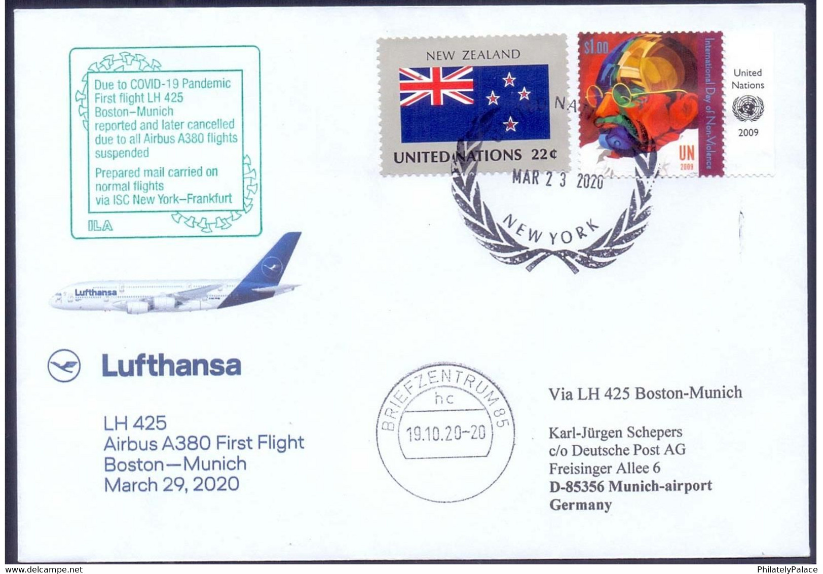 2020 – Coronavirus Mahatma Gandhi 150th Anniv. UN Lufthansa Flight Cover (Covid Slogan Postmark) Pandemic   (**) - Storia Postale