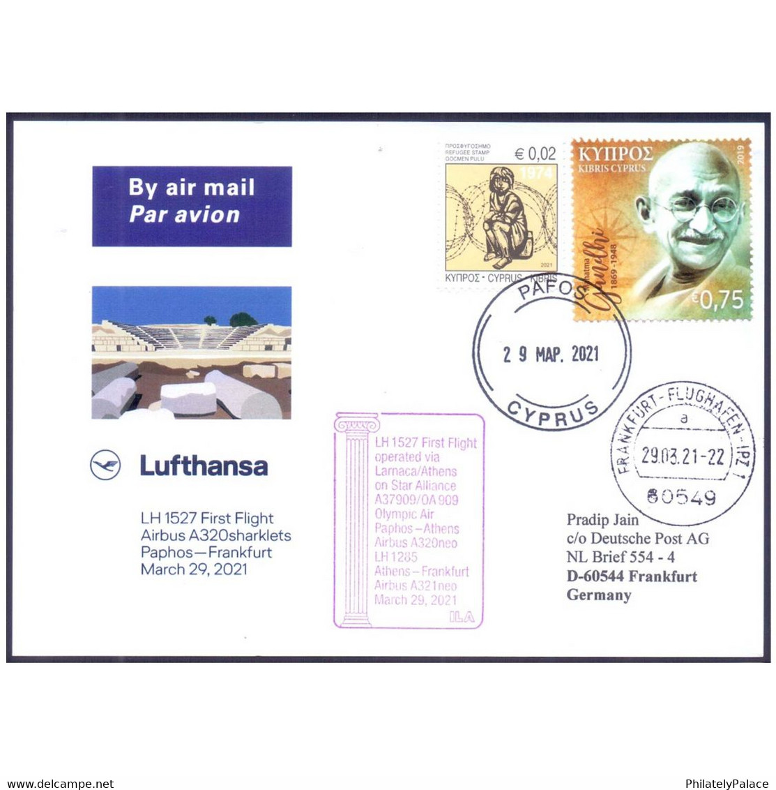 2021 – Mahatma Gandhi 150th Anniv. Cyprus Lufthansa Flight Cover    (**) - Covers & Documents