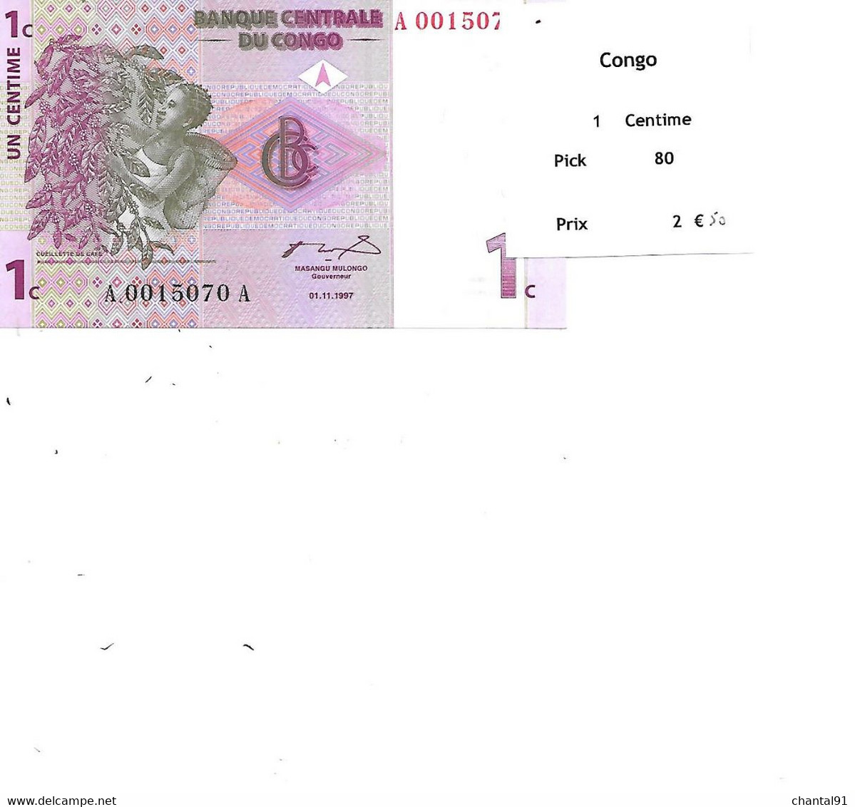 CONGO BILLET 1 CENTIME PICK 80 - Congo (Repubblica Democratica 1998)