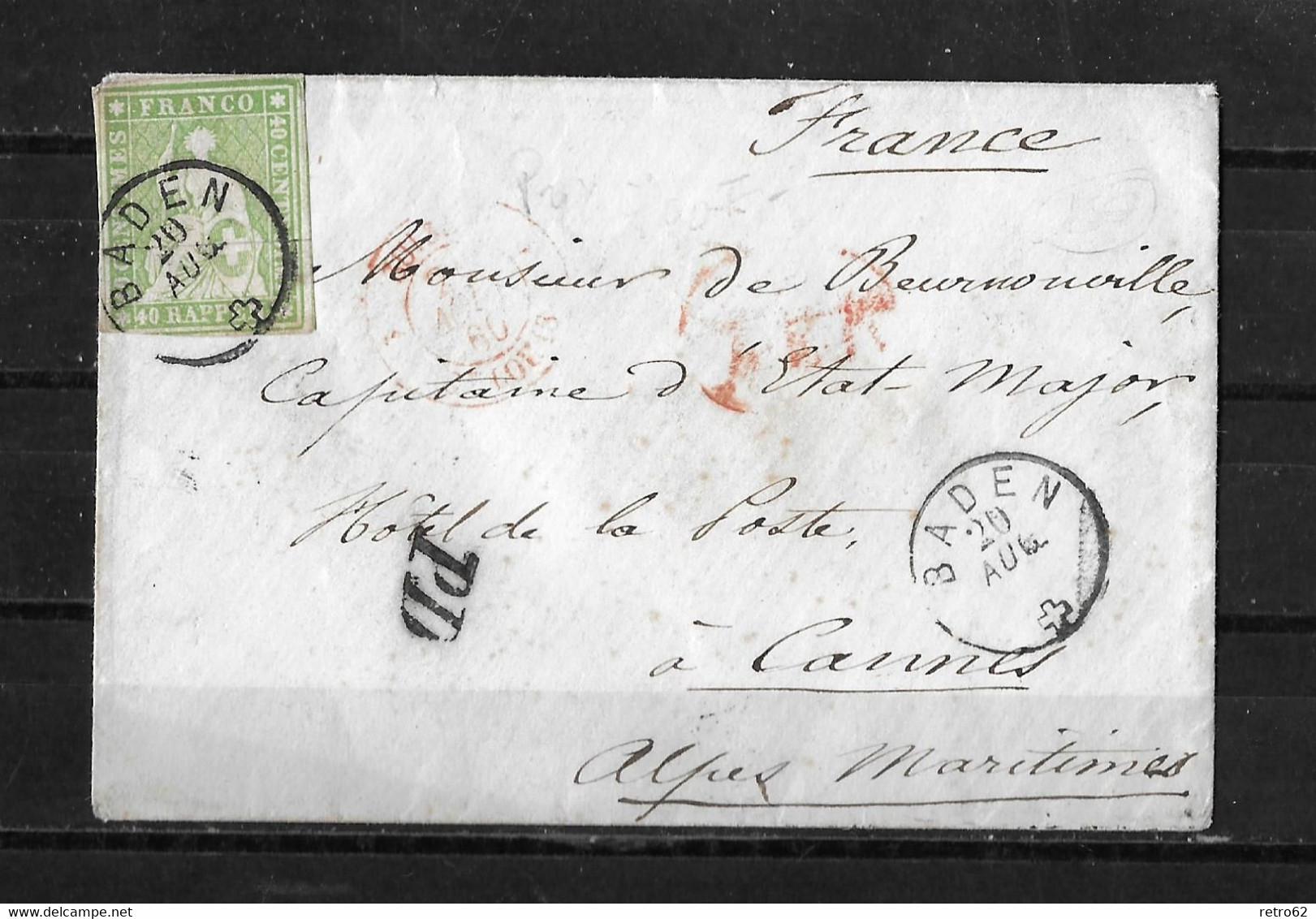 1854-1862 HELVETIA / STRUBEL (Ungezähnt) → PD-Briefumschlag BADEN Nach CANNES / F   ►SBK-26B4.Va / 3 Seiten Weissrandig◄ - Briefe U. Dokumente