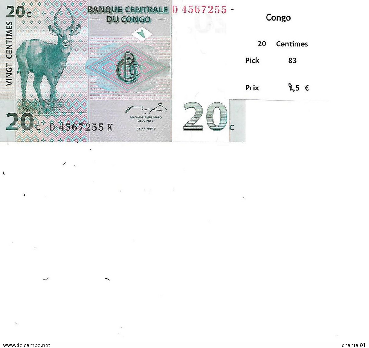 CONGO BILLET 20 CENTIMES PICK 83 - Congo (République Démocratique 1998)