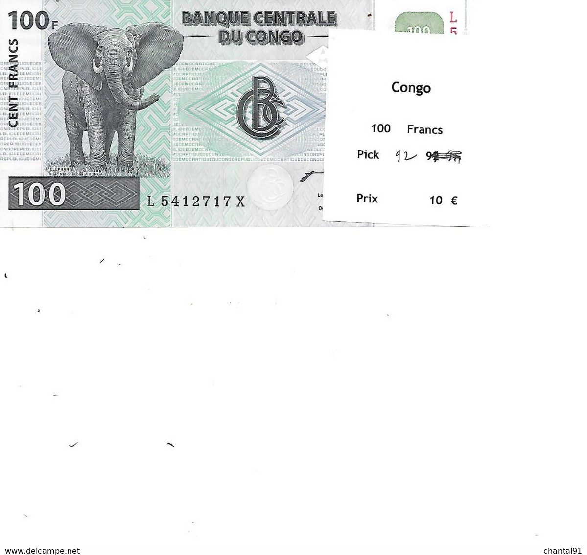 CONGO BILLET 100 FRANCS PICK 92 - Congo (Democratic Republic 1998)