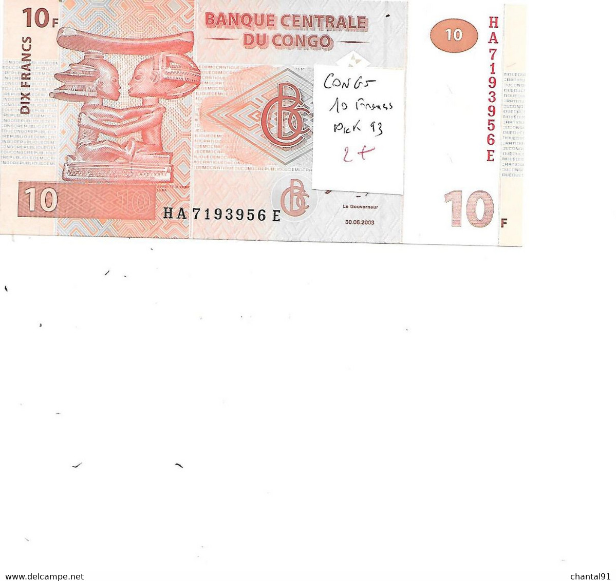 CONGO BILLET 10 FRANCS PICK 93 - Congo (Democratische Republiek 1998)