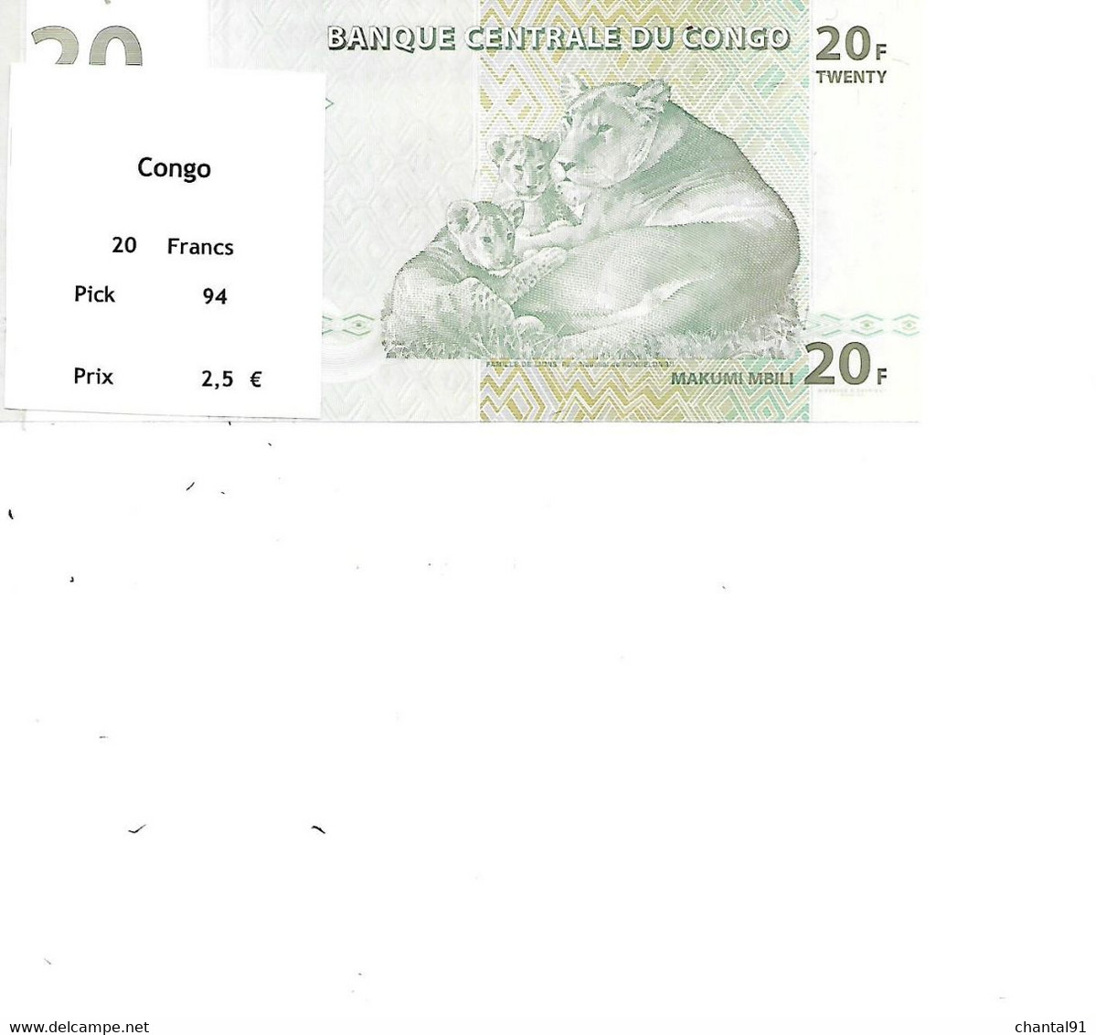 CONGO BILLET 20 FRANCS PICK 94 - Congo (Democratische Republiek 1998)